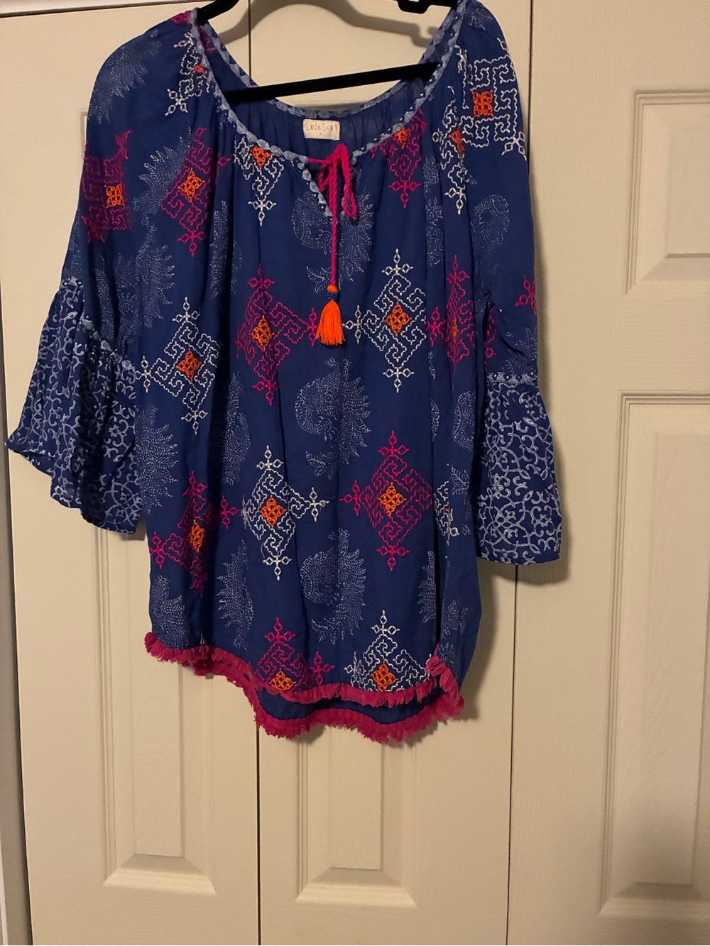 Blue Peasant Blouse with Pink & Orange Tassels